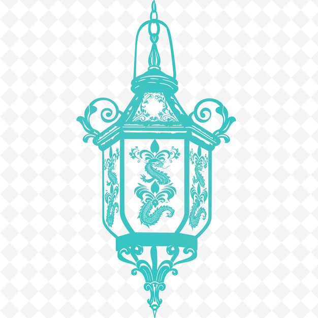 PSD iron lantern outline met dragon design en fleur de lis ac illustratie decor motifs collection