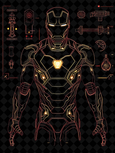 PSD iron man suit pixel item with tony stark design and arc reac y2k shape neon color art collections