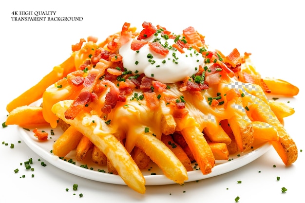 Irresistible crispy fries loaded with melted che on transparent background