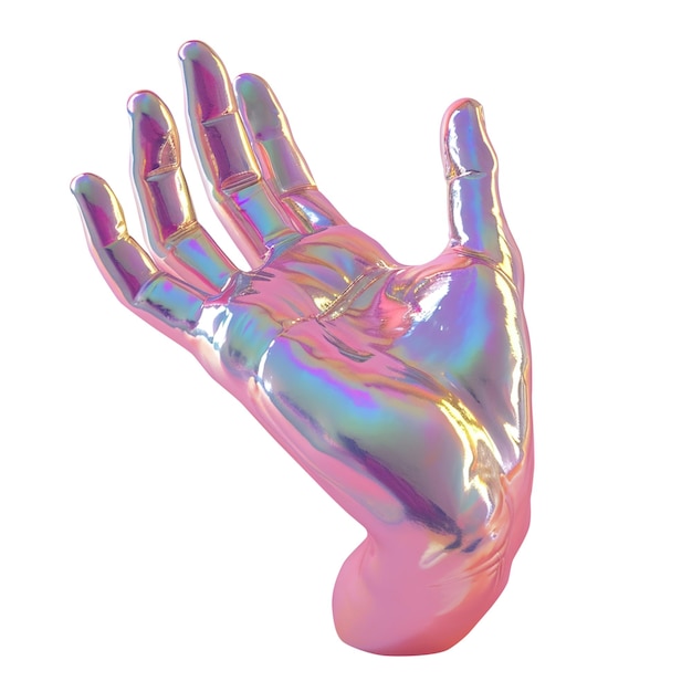Irydescencyjna holograficzna rzeźba dłoni uchwycona przez sztuczną inteligencję generatywną