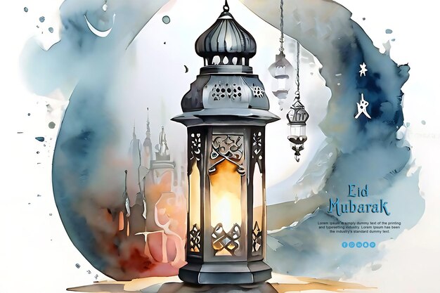 PSD islamic arabic lantern watercolor background festive greeting card ramadan eid mubarak psd design