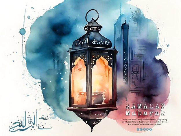 PSD islamic arabic lantern watercolor background festive greeting card ramadan eid mubarak psd design