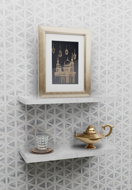 PSD islamic arrangement with frame and lamp on shelves