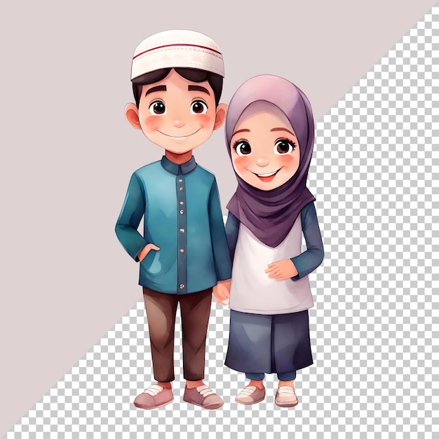 PSD islamic cartoon family muslim couple wedding isolated transparent illustration