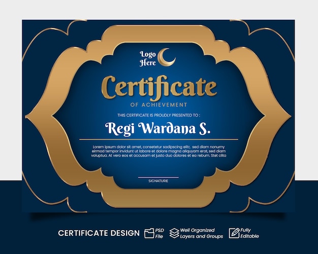 islamic certificate template blue and gold certificate of achievement with a gold border