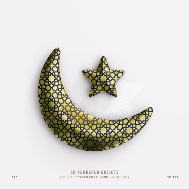 Islamic cute crescent moon and star isolated 3d rendering