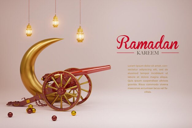 Islamic decorative cannon cannonballs glowing lanterns crescent and ramadan text 3d rendering