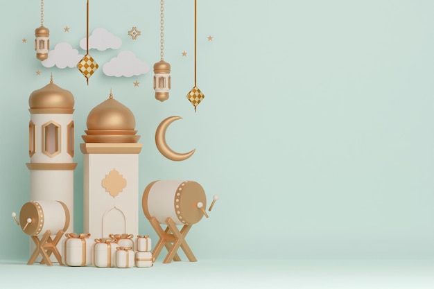 PSD islamic display decoration background with bedug drum mosque lantern crescent and gift box