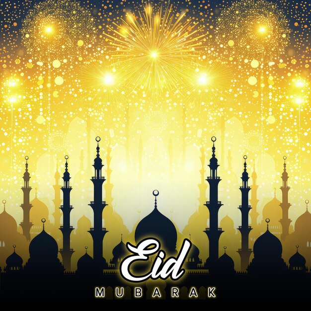 Modello di saluto per la festa islamica dell'eid fuochi d'artificio con sfondo di moschea