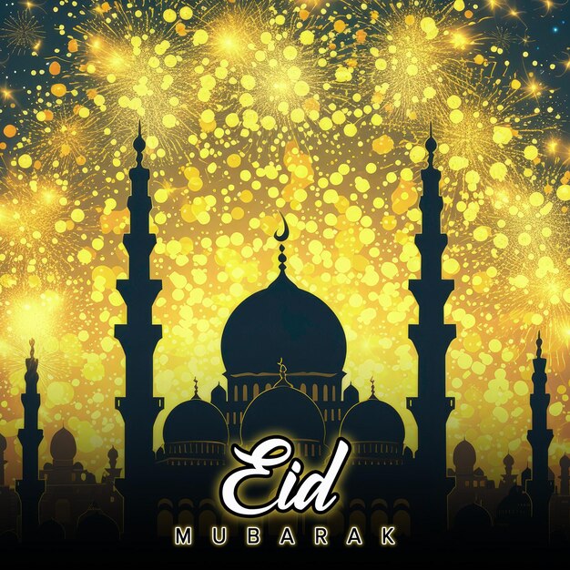 PSD Исламский праздник ед шаблон приветствия фейерверк с мечетью фона