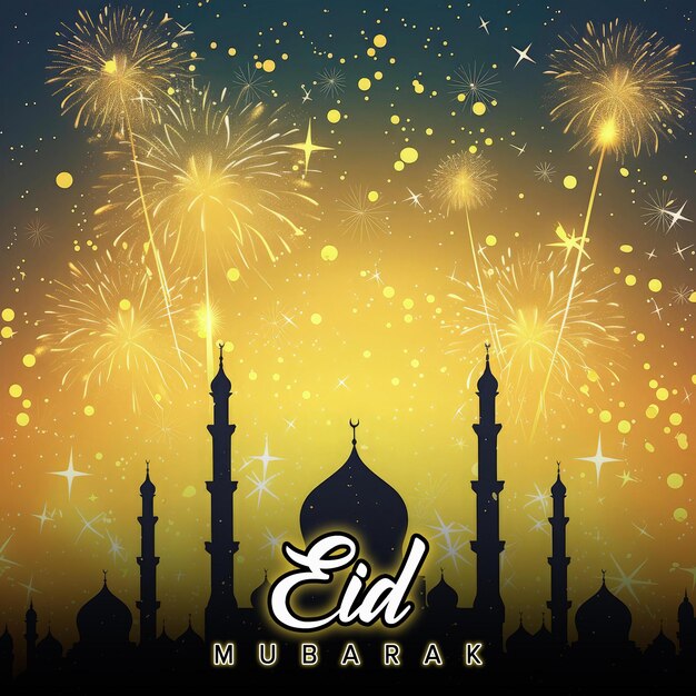 PSD islamic eid festival greeting template fireworks with mosque background