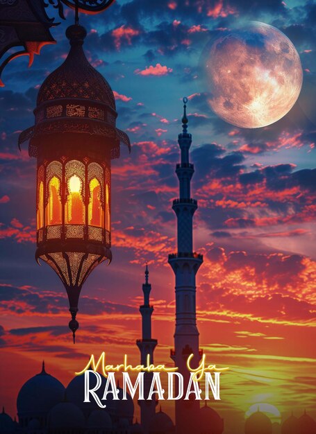 PSD islamic eid festival poster template ramadan lamp with mosque