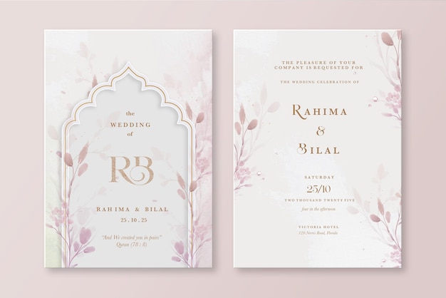 PSD islamic floral wedding invitation with elegant watercolor flower