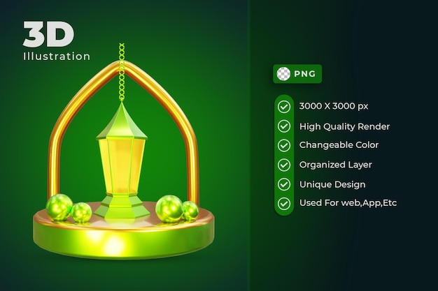 Islamic frame 3d illustration with podium and Ramadan object