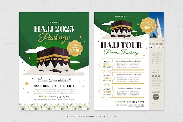 Islamic hajj flyer template in psd with arabic style pattern in green theme