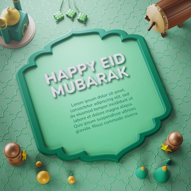 PSD islamico felice eid mubarak celebrazione 3d illustrazione biglietto di auguri social media post composizione