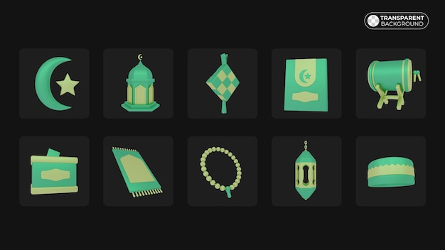 PSD icona islamica impostata per il saluto del ramadan e eid al fitr, lanterna, luna, stella, moschea, tappetino da preghiera