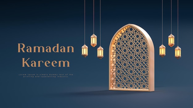 Il lusso islamico realistico 3d decorazione in oro blu navy sfondo banner 3d rendering