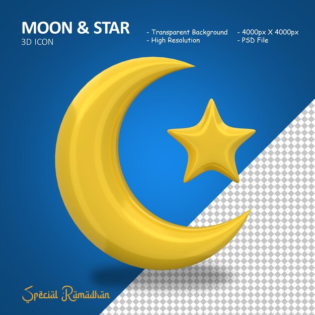 PSD rendering 3d della stella della luna islamica