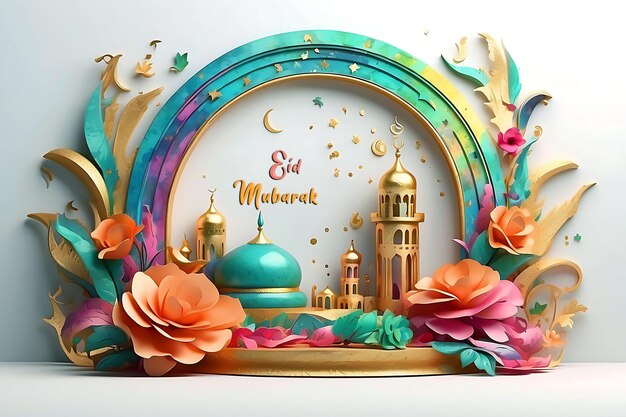 PSD moschea islamica eid mubarak ramadan kareem 3d render background psd design with editable english text