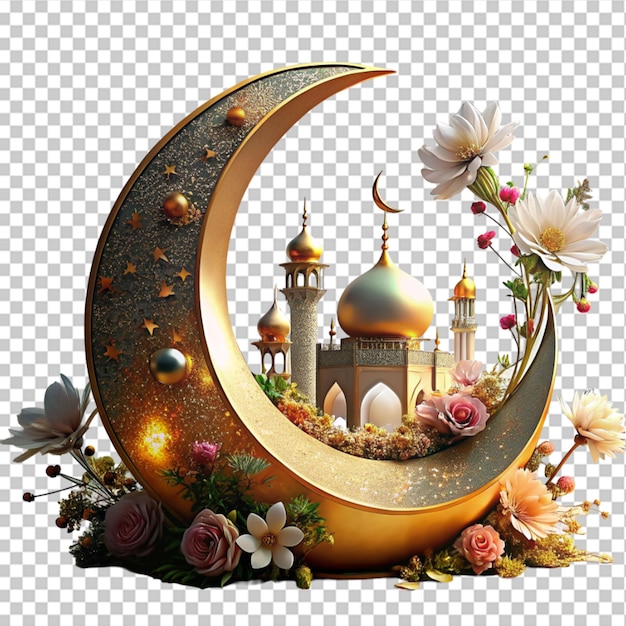 PSD islamic mosque with crescent moon and lantern 3d illustration on transparent bckground