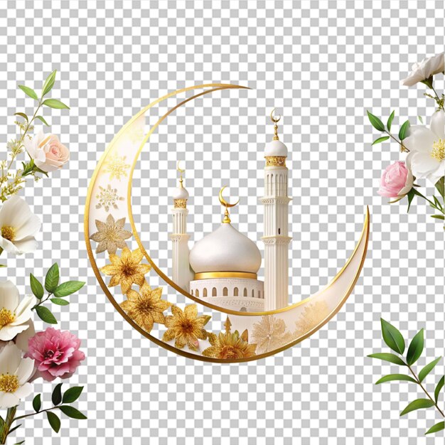 PSD islamic mosque with crescent moon and lantern 3d illustration on transparent bckground