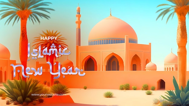 PSD islamic new year celebration joyful mosque illustration for spiritual renewal