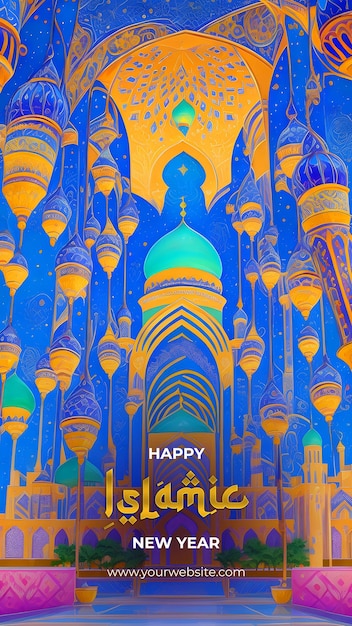 PSD islamic new year celebration vibrant painting of a mesmerizing mosque illustration