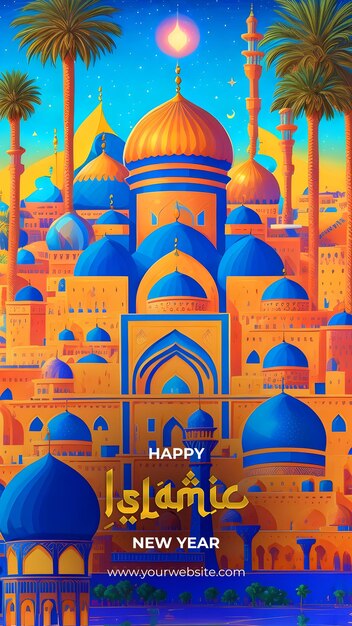 PSD islamic new year celebration vibrant painting of a mesmerizing mosque illustration