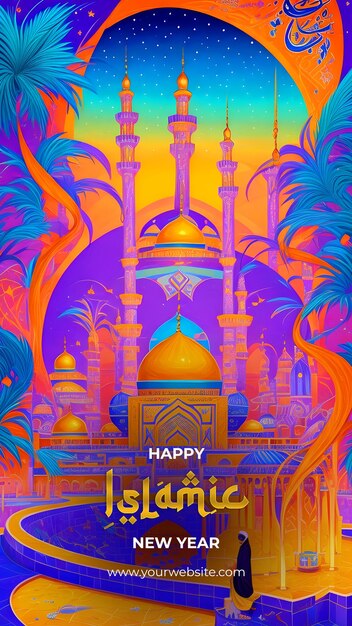 PSD islamic new year celebration vibrant painting of a mesmerizing mosque illustration