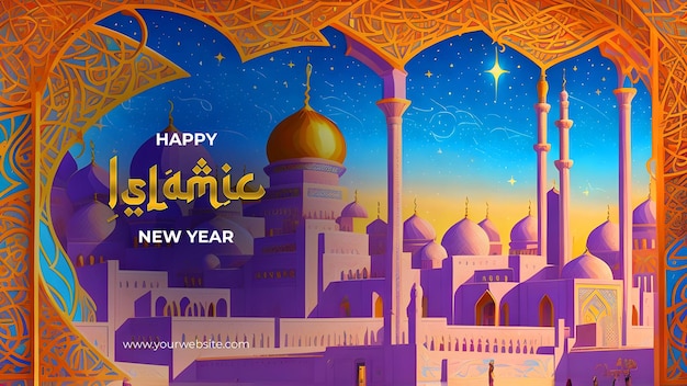 PSD イスラムの新年のお祝いの魅惑的なモスクのバナーイラストの鮮やかな絵