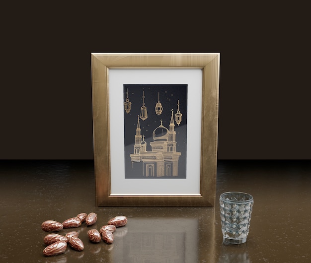 PSD islamic new year decoration with frame and dried dates