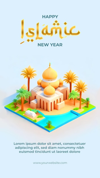 Исламские новогодние праздники в изометрической иллюстрации мечети