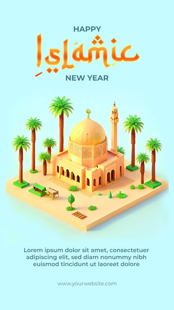 Islamic new year festivities in isometric mosque illustration