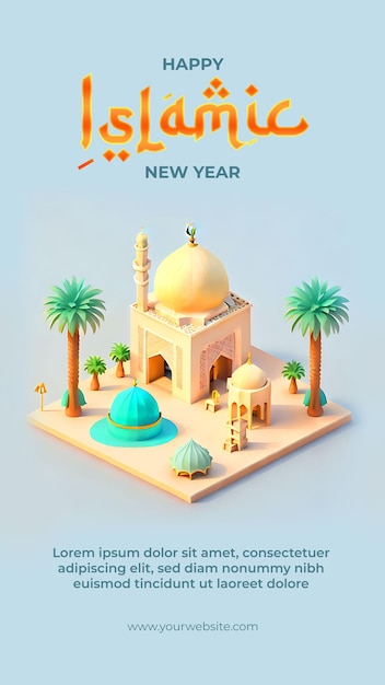 Islamic new year festivities in isometric mosque illustration