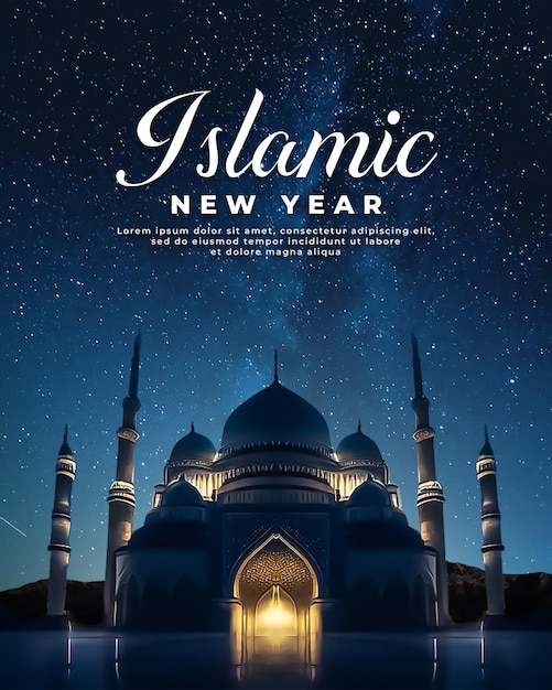 Design del poster del capodanno islamico con incredibile moschea