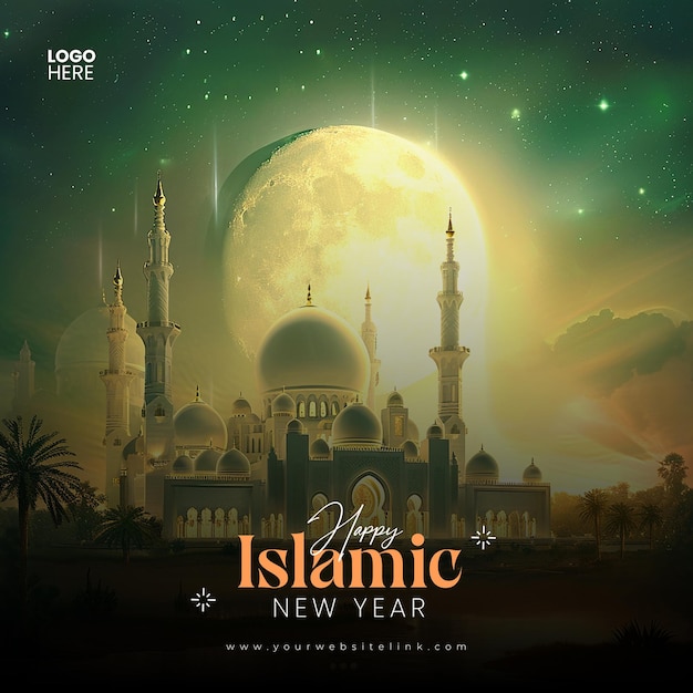 PSD islamic new year social media post mosque and moon social media banner or instagram post template