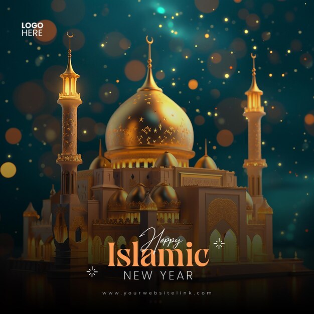 PSD islamic new year social media post mosque and moon social media banner or instagram post template