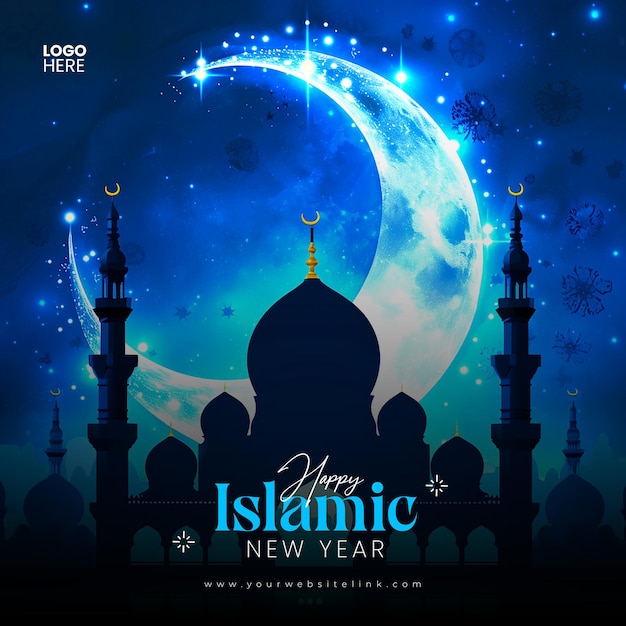 Islamic new year social media post mosque and moon social media banner or instagram post template