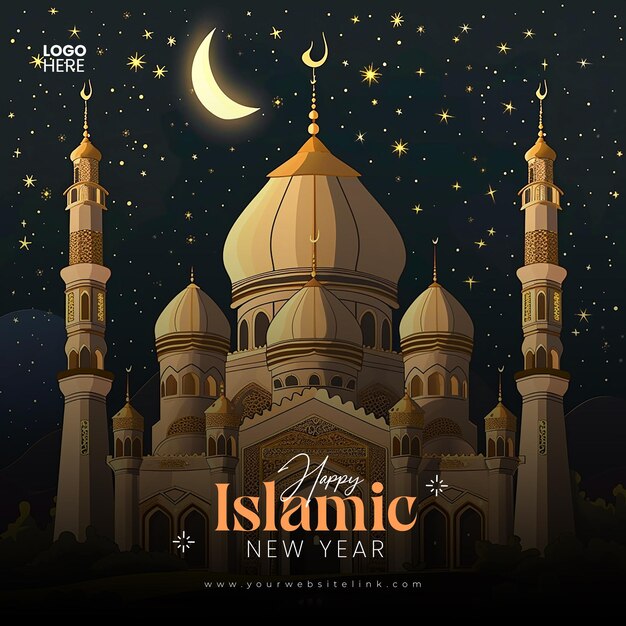 PSD islamic new year social media post mosque and moon social media banner or instagram post template