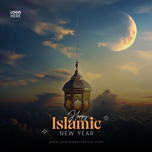 Islamic new year social media post mosque and moon social media banner or instagram post template