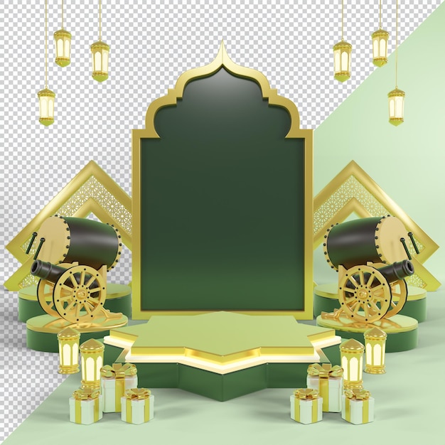 Islamic product display mock up. Podium, crescent moon, lantern, gift box. Ramadan, Islamic New Year. 3D rendering. PSD File.