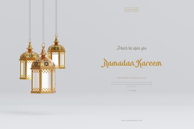 Islamic ramadan greeting background composition with hanging arabic lanterns and ornaments