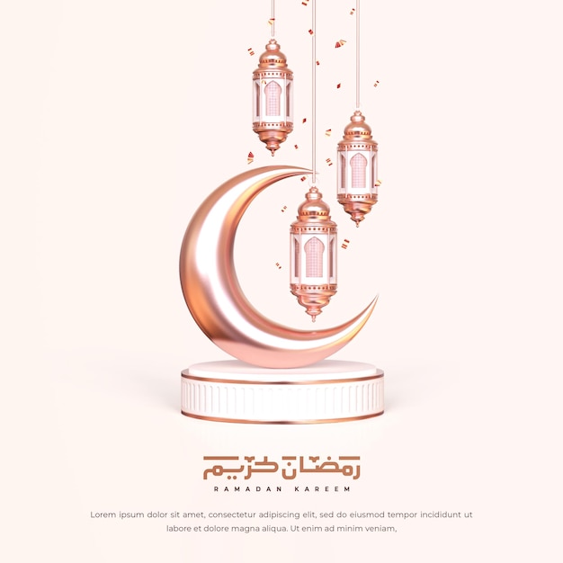 Islamic ramadan greeting background with 3d crescent and hanging lantern on round podium