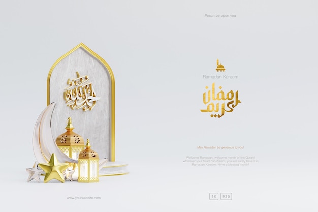 3d 금 연단 모스크와 이슬람 초승달 장식품이 있는 이슬람 라마단 인사말 배경