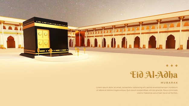 PSD islamic ramadan greeting background with 3d kaaba in mecca city