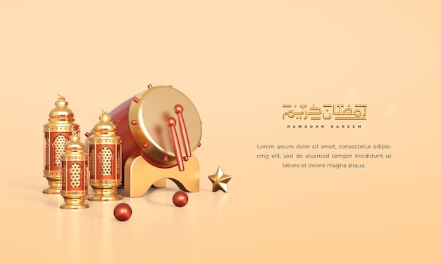 Islamic ramadan greeting background with 3d lantern traditional drum and islamic ramadan ornaments