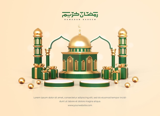 Islamic ramadan greeting background with 3d mosque gift boxes and islamic decoration objects