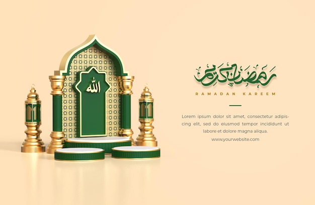 Islamic ramadan greeting background with 3d round podium mosque and Islamic decoration objects