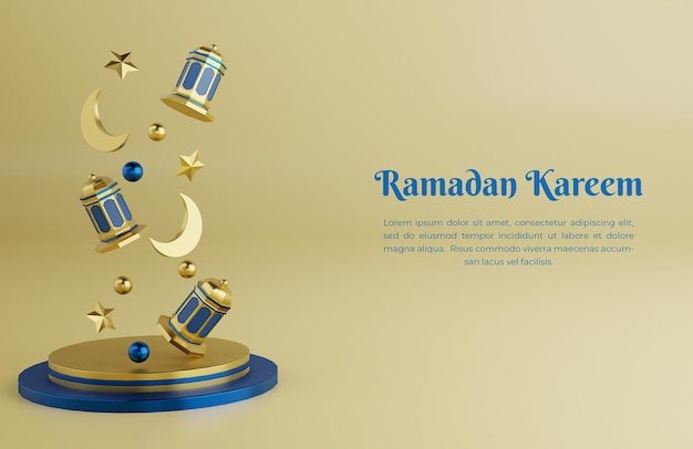 PSD islamic ramadan greeting background with arabic lantern  round podium with mosque ornament  and falling design composition